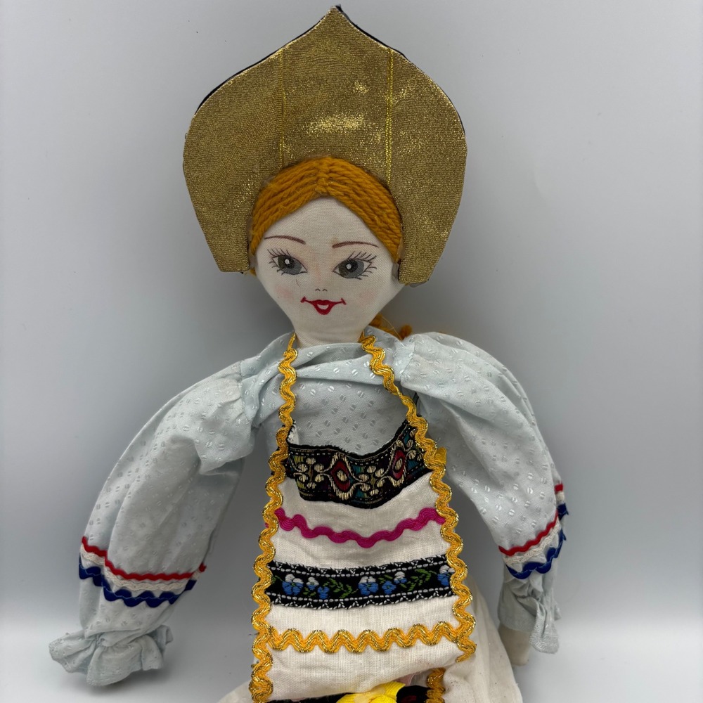 Vintage Russian Folk Cloth Doll Gold Kokoshnik Traditional Costume Handmade 15"
